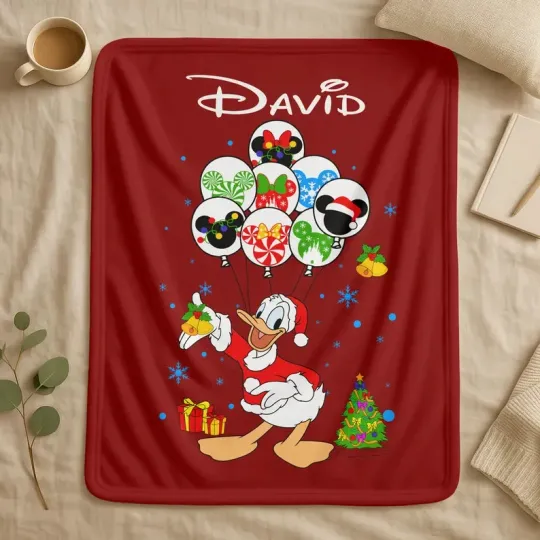 Discover Personalized Disney Donald Duck Christmas Balloons Red Cozy Fleece Blanket