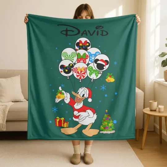 Discover Personalized Disney Donald Duck Christmas Balloons Green Cozy Fleece Blanket
