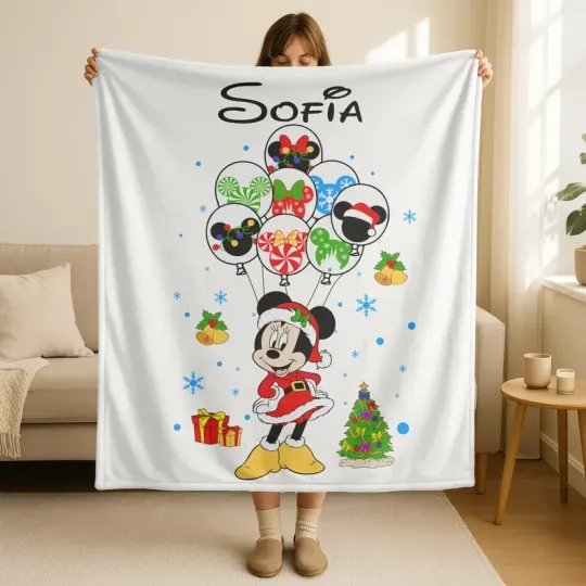 Discover Personalized Disney Minnie Mouse Christmas Balloons Cozy Fleece Blanket