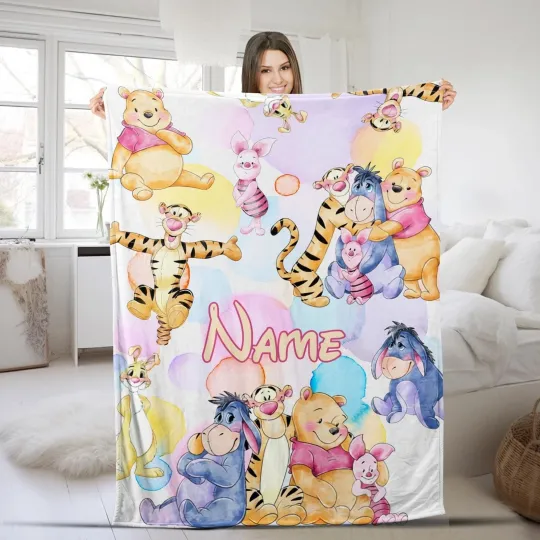 Discover Personalized Watercolor Winnie The Pooh Blanket, Disney Pooh Fleece Blanket