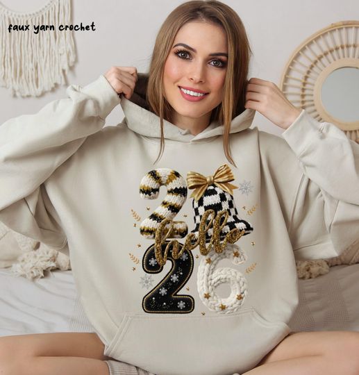 Discover Hello 2026 Faux Yarn Crochet Hoodie :Happy New Year 2026 Sweatshirt, 2026 Latch Hook Sublimation Hoodie
