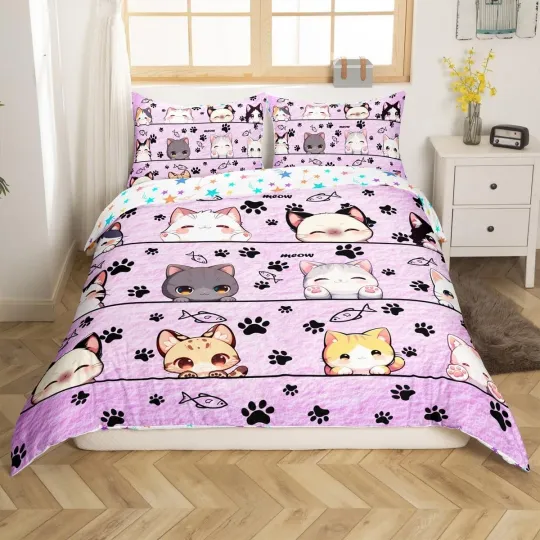 Discover Cartoon Cat Bedding Set Twin Size with Kitten Design Purple Duvet Cover and Pillowcases