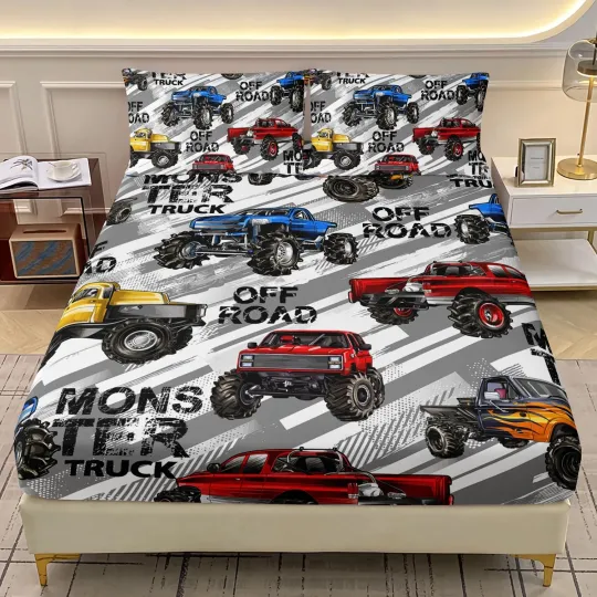 Boys Monster Truck Bedding Set Twin XL, Cartoon Truck Fitted Sheet, Car Decor