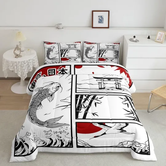 Koi Fish Twin Bedding Set with Japanese Wave and Crane Design