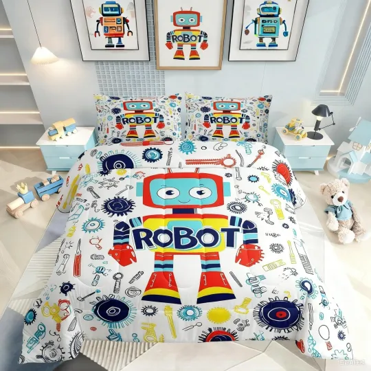 Discover Boys Cartoon Robot Bedding Set Twin Comforter with Colorful Robot Pattern