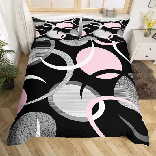 Discover Abstract Art Duvet Cover Set for Boys and Girls, Full Size Pink Gray Black Bedding