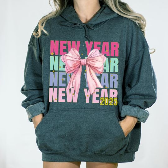 Discover Coquette New Year 2025 Hoodie, Pastel Bow Aesthetic Tee, Cute New Year Graphic Top, Soft Girl Holiday Outfit, Kawaii New Year Hoodie