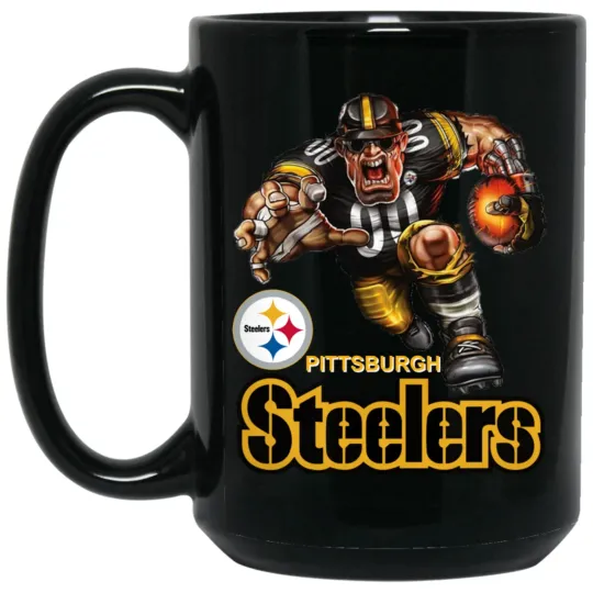 Discover Pittsburgh Steeler Logo Steely Player Mascot Black Ceramic Coffee Mug Cup