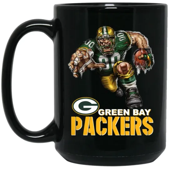 Green Bay Packers Logo Player Mascot Black Ceramic Coffee Mug Cup