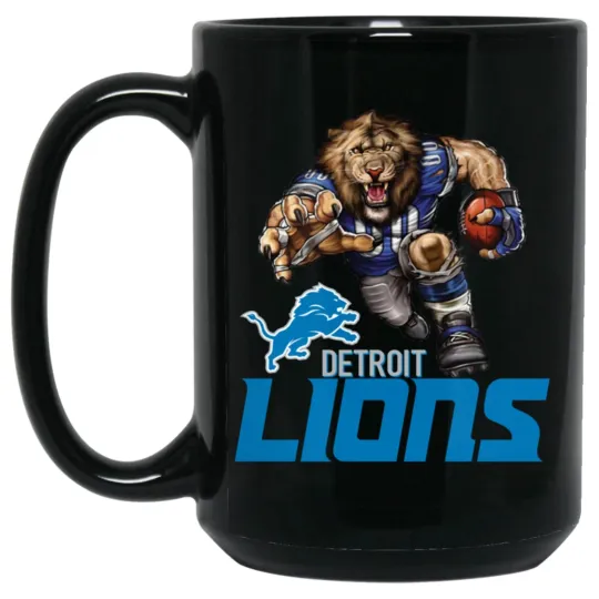 Discover Detroit Lions Roary Logo Player Mascot Black Ceramic Coffee Mug Cup