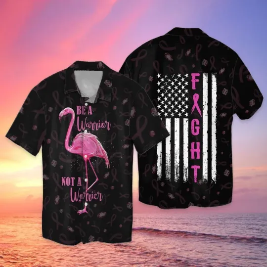 Discover Breast Cancer Awareness Be A Warrior Not A Worrier Flamingo Hawaiian Shirt for Men and Women