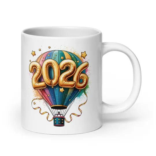 Discover Happy New Year 2026 Colorful Hot Air Balloon White Coffee Mug