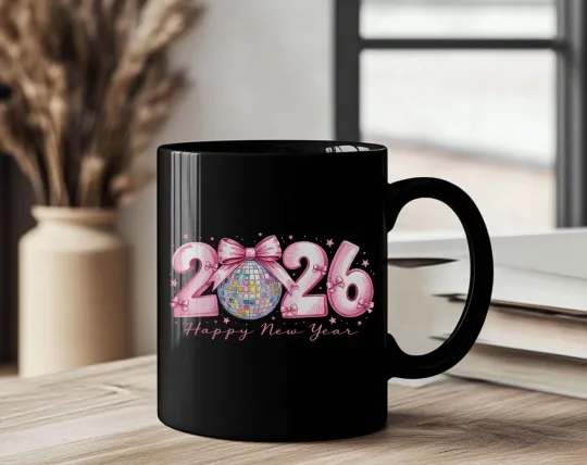 Discover 2026 Happy New Year Mug Pink Disco Ball Design Black Ceramic Coffee Cup