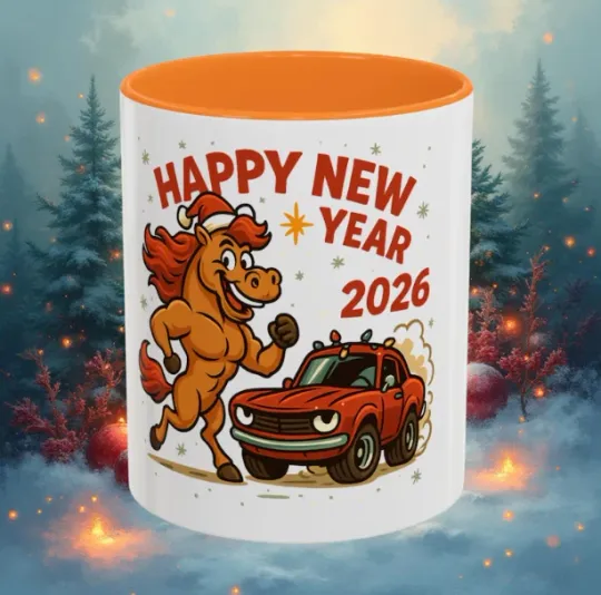 Discover Happy New Year 2026 Horse and Car Mug