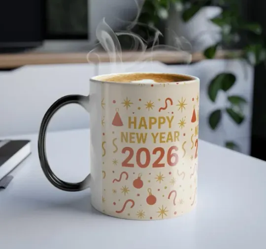 Discover Happy New Year 2026 Color Changing Morphing Ceramic Coffee Mug