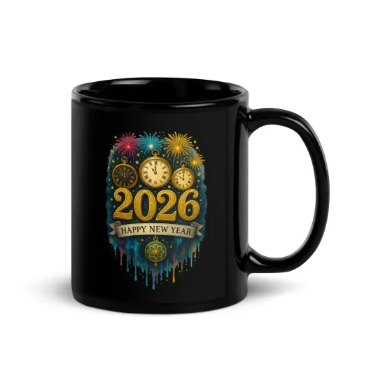 Discover Gold Clock Happy New Year 2026 Black Coffee Mug