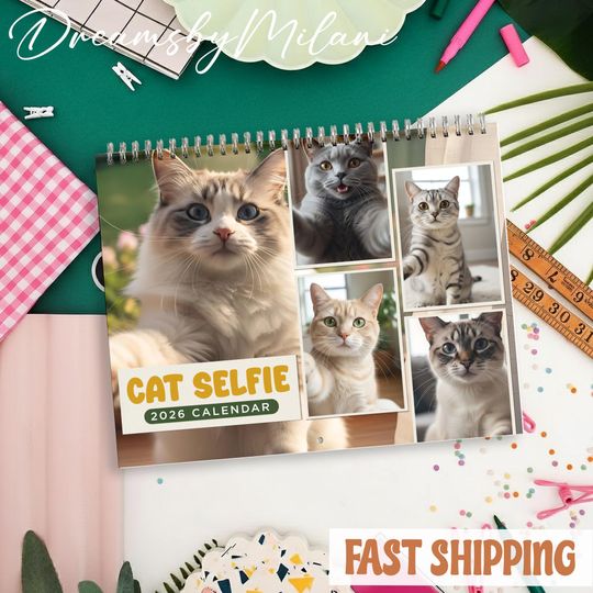 Discover Cat Selfie 2026 Calendar, Cat Selfie Monthly Wall Calendar, 2026 Cat Selfie Calendar Size 8.5" x 11"