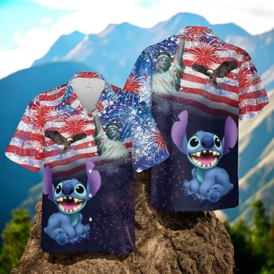 Discover Stitch Disney US Flag Fireworks Disney Hawaiian Shirt