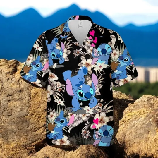 Discover Lovely Stitch Cartoon Graphics Hibiscus Disney Hawaiian Shirt