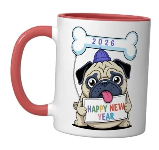 Discover Pug New Year 2026 Celebration Cute Dog Holiday Ceramic Mug 11 Ounces Red/White