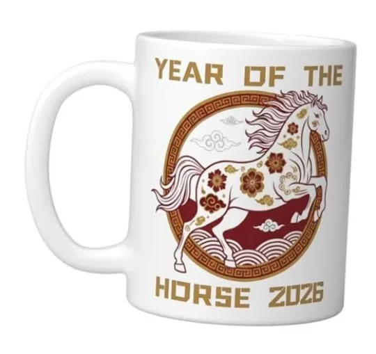 Discover Happy Lunar Chinese New Year of the Horse 2026 Ceramic Mug 11 Ounces White