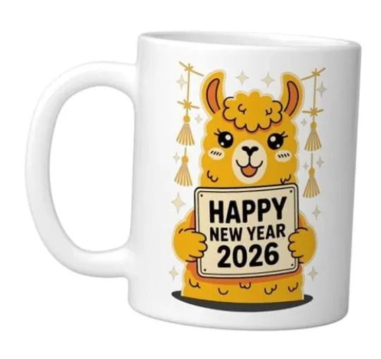 Discover Cute Llama Happy New Year 2026 Celebration Ceramic Mug 11 Ounces White