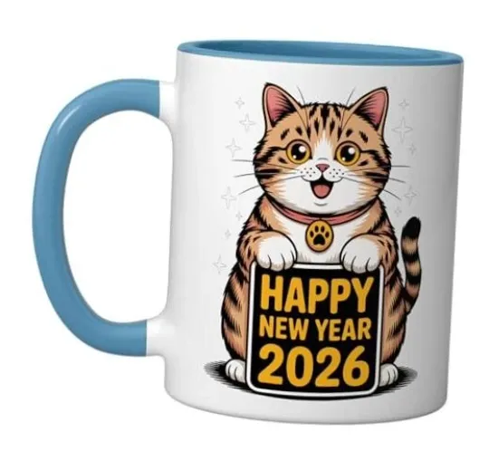 Discover Happy New Year 2026 Cat Kitty Pet lover Ceramic Mug 11 Ounces Blue/White