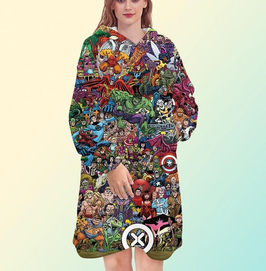 Marvel Blanket Hoodie, Oversized Fleece Sweatshirt, Unisex Spiderman, Hulk, Captain America