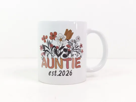 Discover Auntie Est. 2026 Coffee Mug Flowers To Be Aunt Gift Holiday 4" Tall 10 fl oz New