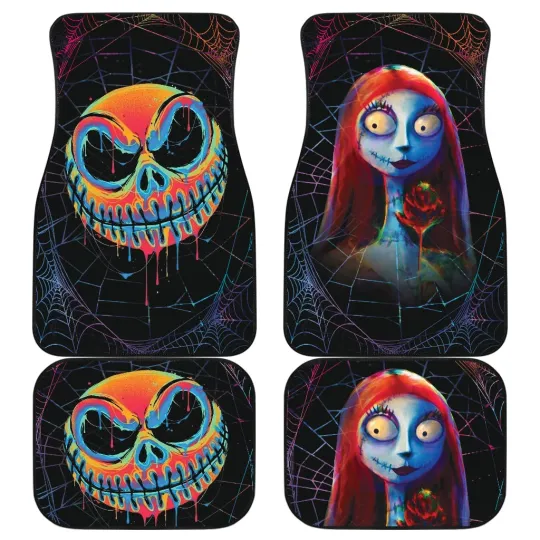 Car Floor Mats Front and Back - Jack Skellington Sally Spider Web Colorful Vehicle Decor