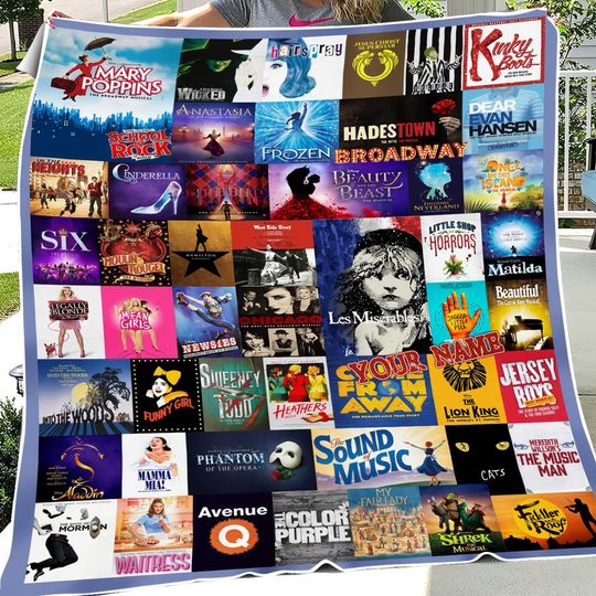 Discover Broadway Musical Playbills Collage Fleece Blanket, Lover Broadway Bedding, Christmas Gift