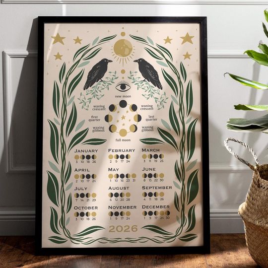 Discover Lunar Calendar 2026, Moon Phase Calendar, Printable Calendar, Wall Digital Calendar, Dark Forest Lunar Calendar Digital Download, Wall Print