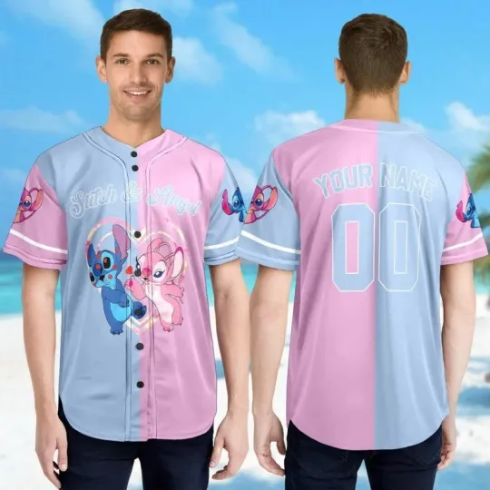 Discover Personalized Disney Stitch And Angel Baseball Jersey, Couple Lovers Shirt