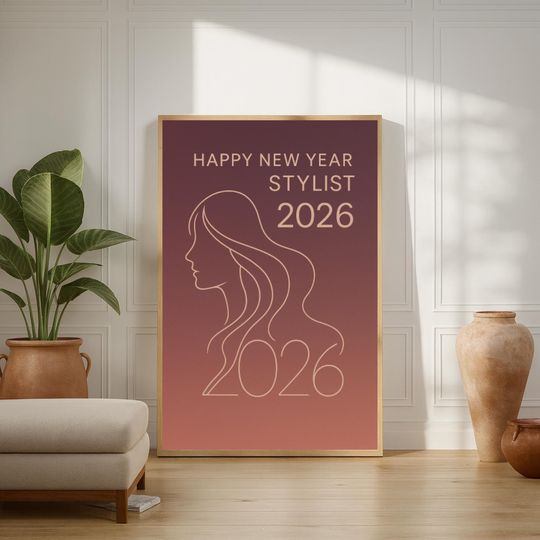 Discover Happy New Year Stylist 2026 Line Art Poster, Minimal Salon Wall Decor, Digital Download