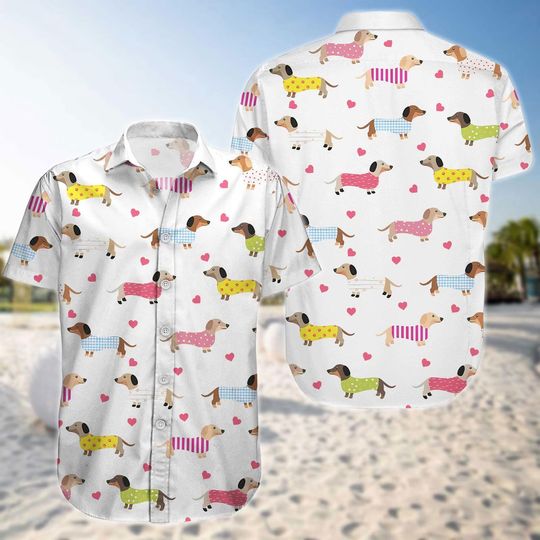 Discover Dachshund Valentine Hawaiian Shirt for Women, Cute Dog Button Up Shirt, Sausage Dog Heart Print Shirt, Valentine Gift for Dog Lovers