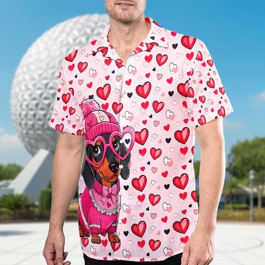 Discover Valentine Dachshund Dog Hawaiian Shirt, Cute Puppy Shirt, Heart Pattern Shirt, Love Dog Shirt, Valentine Gift Ideas