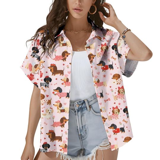 Discover Cute Dachshund Hawaiian Shirt for Women, Valentine Shirt Button Up, Adorable Sausage Dog Aloha Shirt, Pet Lover Gift