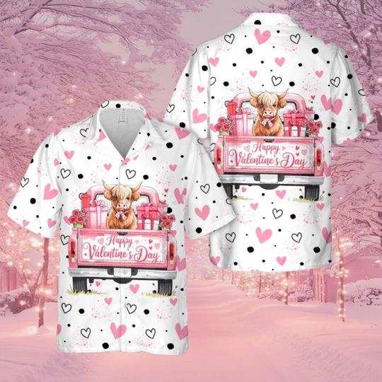 Discover Valentine Highland Cow Hawaiian Shirt, Pink Truck Aloha Shirt, Cute Heart Print Button Down, Happy Valentines Day Gift Top
