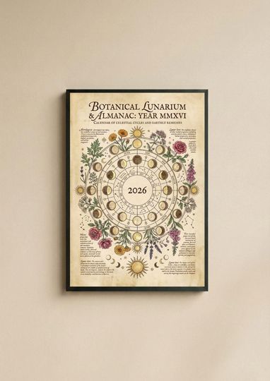 Discover Vintage 2026 Moon Phase Calendar  Mystical Lunar Wall Art  Botanical Celestial Poster