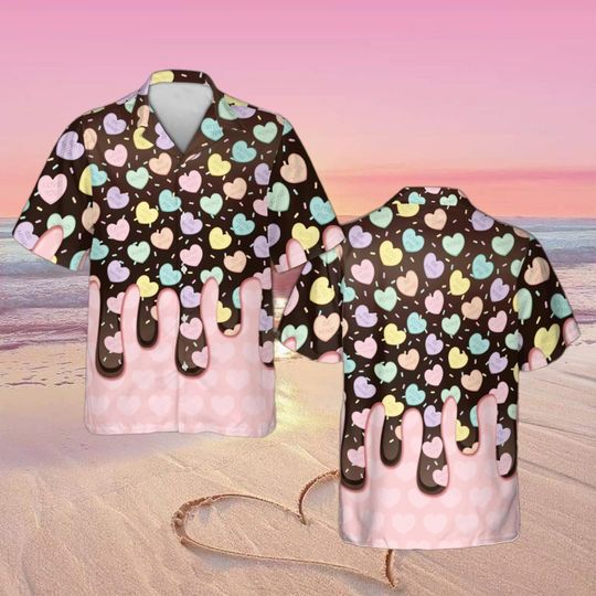 Discover Chocolate Drip Candy Heart Hawaiian Shirt, Cute Valentine Aloha Shirt, Pastel Love Print Button Down, Sweet Couples Gift Top