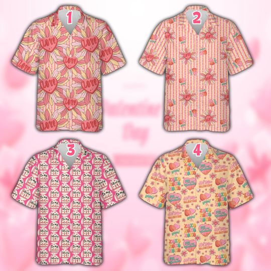 Discover Valentine's Day Hawaiian Shirt, Pink Heart Floral Button Down Shirt, Love Heart Valentine's Day Gift For Couples Romantic Summer Aloha Shirt