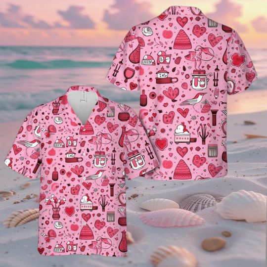 Discover Girly Makeup Heart Hawaiian Shirt, Cute Aesthetic Gift for Her, Bachelorette Party Couple Button Up, Romantic Resort Wear