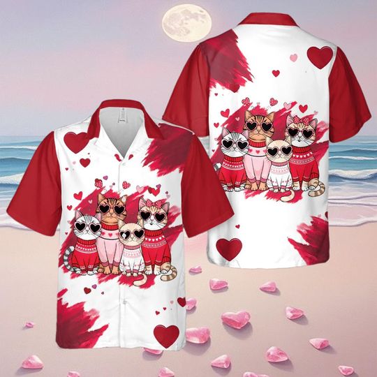 Discover Valentine's Day Cat Hawaiian Shirt, Mens Cute Cats with Heart Sunglasses Print, Short Sleeve Summer Beach Aloha Shirt, Romantic Couple