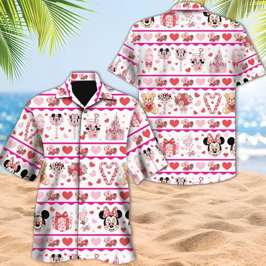 Discover Disney Mickey Friends Happy Valentine's Day Hawaiian Shirt, Valentine Couple Hawaii Shirt, Disneyland Valentine Gift For Him Her