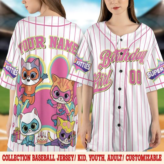 Discover Custom Disney SuperKitties Baseball Jersey, Junior Super Kitties Ginny Sparks Buddy Bitsy Birthday Gift, Disneyland SuperKitties