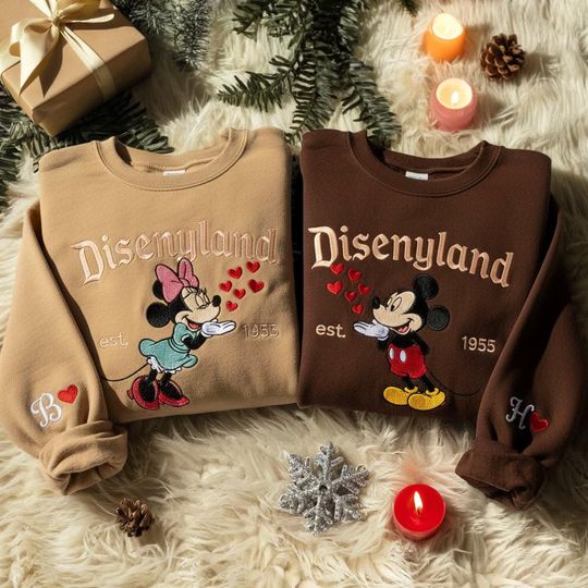 Discover Embroidered Couple Mouse And Girlfriend Sweatshirts, Magical Land Valentine Embroidered Hoodie, Mickey Minnie Couple Embroidered Sweaters