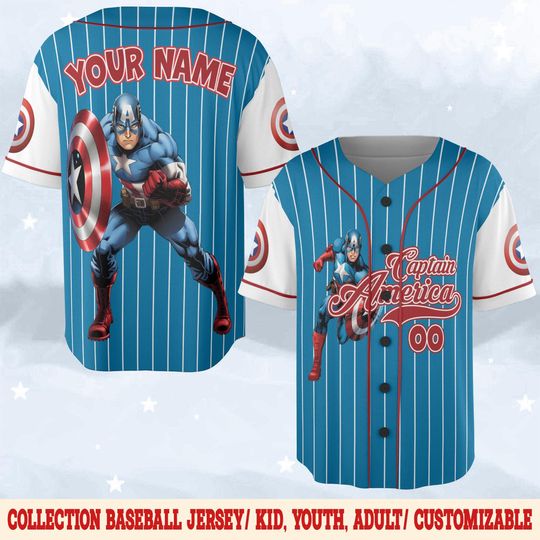 Discover Personalized Marvel Captain America Baseball Jersey, Superheroes Spiderman Birthday Boy Kid Youth Adult Baseball Team Marvel Family NGXG15