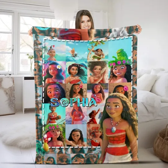 Discover Custom Name Disney Moana Fleece Blanket, Personalized Disney Princess Moana