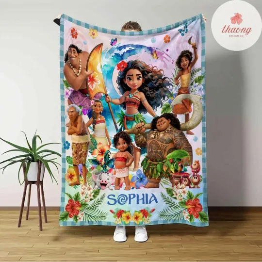 Discover Personalized Disney Moana 2 Princess Fleece Blanket,Moana Simea Maui Hei Hei Pua