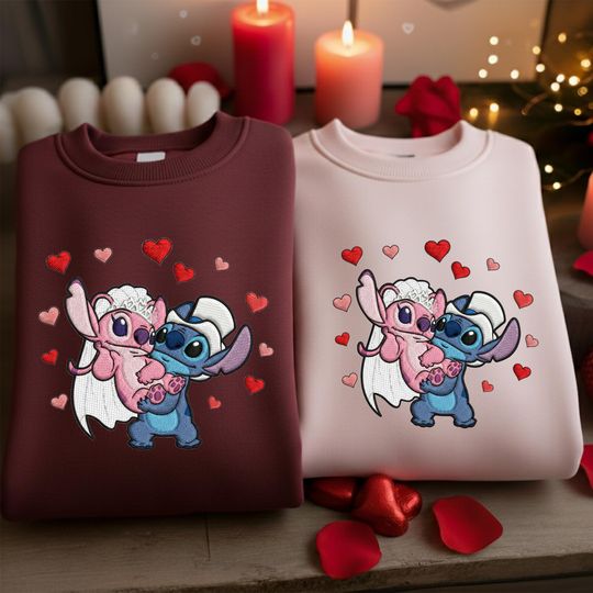 Discover Stitch and Angel Wedding Couple Sweatshirt, Disney Valentine Shirt, Cute Stitch Angel Bride Groom Crewneck, Matching Couple Gift